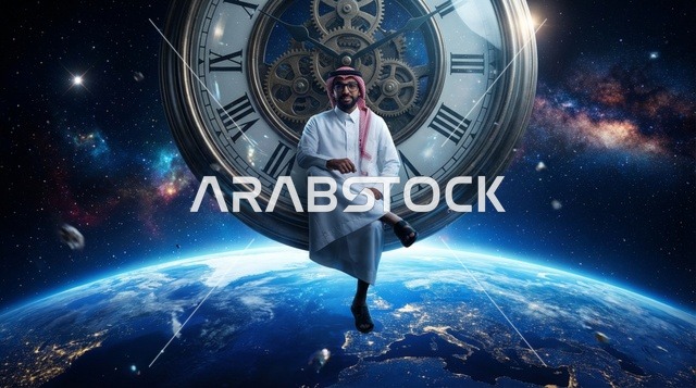 رجل سعودي يجلس على ساعة فوق كوكب الأرض