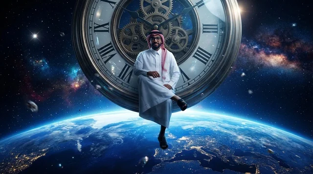 Saudi Man Sitting on Clock Above Earth in Space
