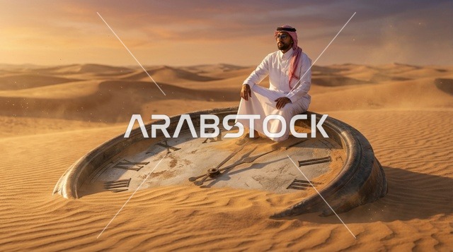 رجل سعودي يجلس على ساعة ضخمة في الصحراء وقت الغروب