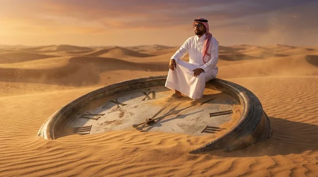 A Saudi man sits on a huge clock in the desert at sunset.