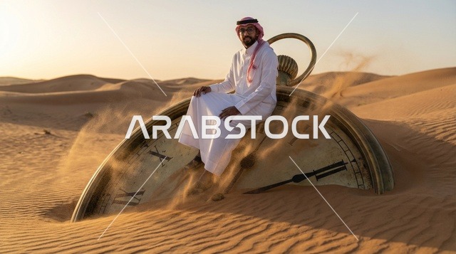 رجل سعودي يجلس على ساعة ضخمة في الصحراء وقت الغروب