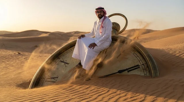 A Saudi man sits on a huge clock in the desert at sunset.