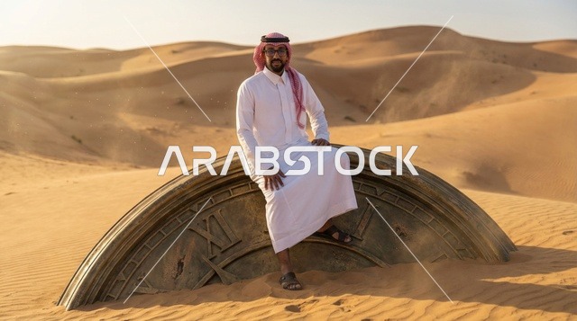 رجل سعودي يجلس على ساعة ضخمة في الصحراء وقت الغروب