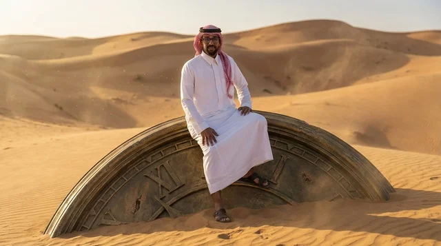 A Saudi man sits on a huge clock in the desert at sunset.