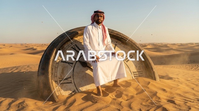 رجل سعودي يجلس على ساعة ضخمة في الصحراء وقت الغروب