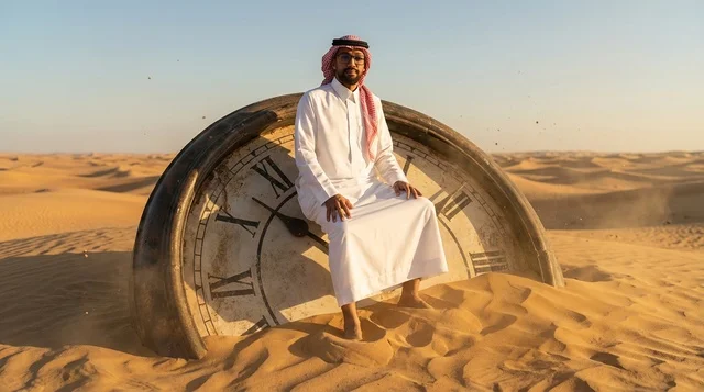 Saudi Man Sitting on Giant Clock in Desert at Sunset