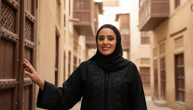 Saudi Woman in Black Abaya by Traditional Wooden Door