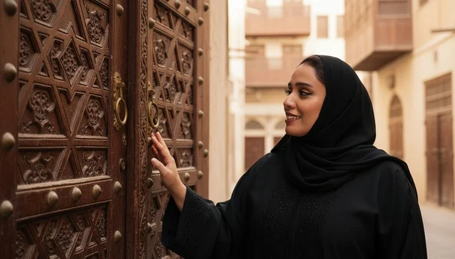 امرأة سعودية بالعباءة أمام باب خشبي تاريخي