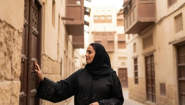 امرأة سعودية بالعباية في منطقة البلد التاريخية بجدة