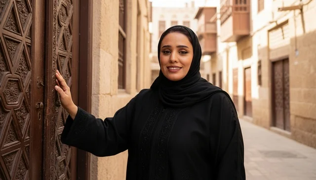 Saudi Woman at Traditional Wooden Door in Historic Jeddah