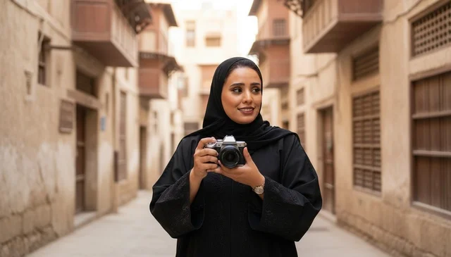 Saudi Woman with Camera in Traditional Historic Alley