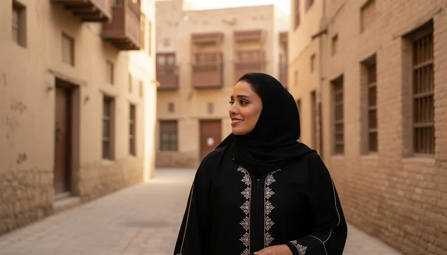 امرأة سعودية بالعباءة التقليدية في موقع تراثي