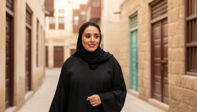 Saudi Woman in Black Abaya Walking in Heritage Site