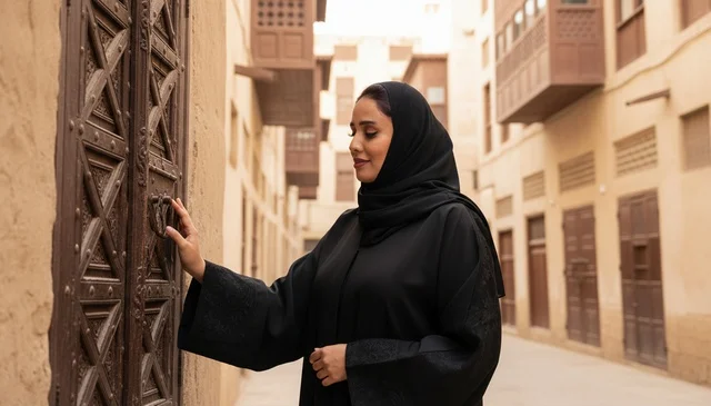 Saudi Woman in Abaya Touching Traditional Wooden Door