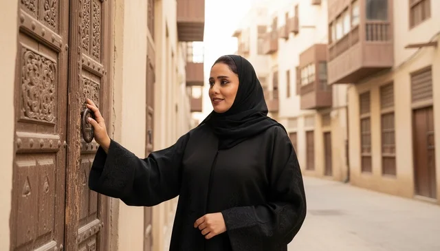 امرأة سعودية بالعباءة أمام باب خشبي تراثي