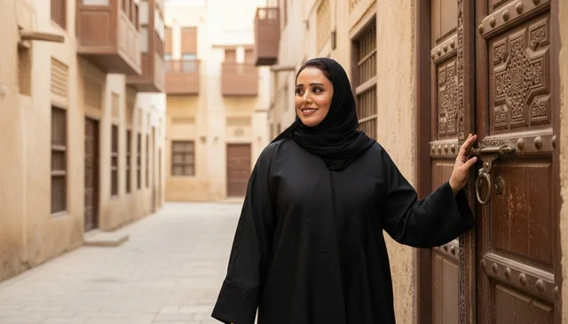 Emirati Woman in Traditional Abaya at Heritage Site