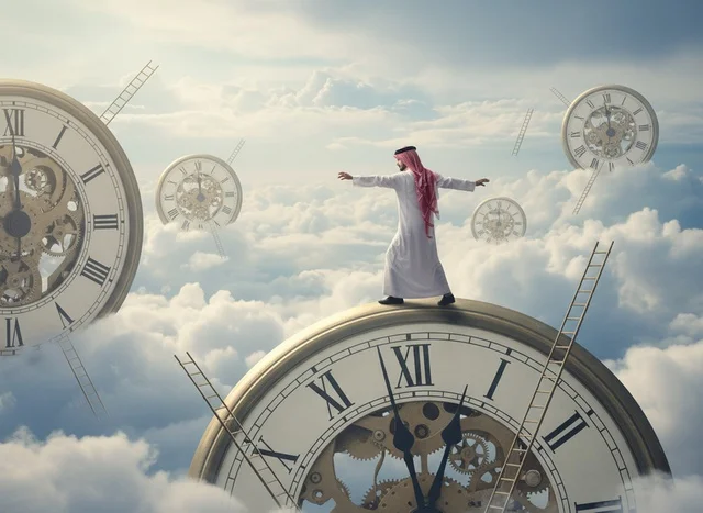 Saudi Man Balancing on Giant Clock in Cloudy Sky