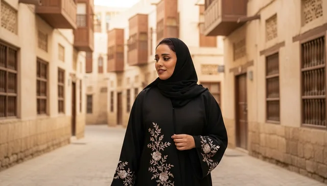 Saudi Woman in Al-Balad Jeddah Wearing Traditional Abaya