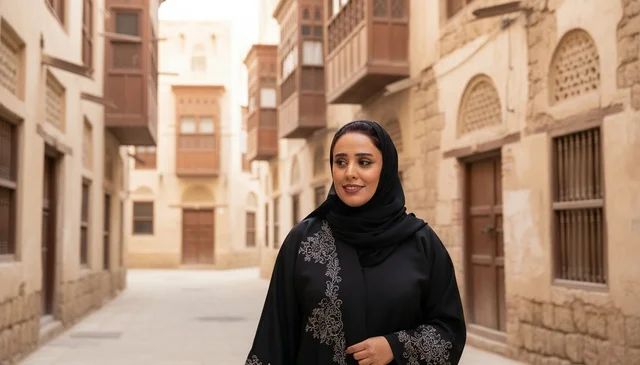 امرأة سعودية بالعباءة في منطقة البلد التاريخية بجدة