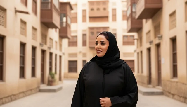 امرأة سعودية بالعباءة في منطقة تاريخية قديمة