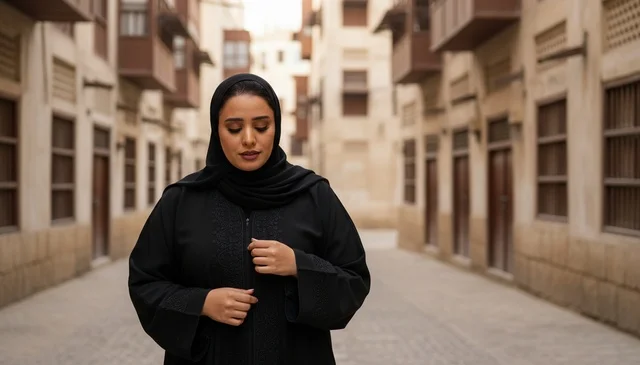 Saudi Woman Wearing Black Abaya in Traditional Heritage Alley