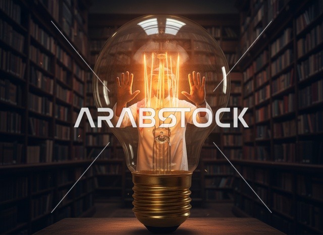 رجل سعودي في مكتبة مع مصباح ابتكار كبير