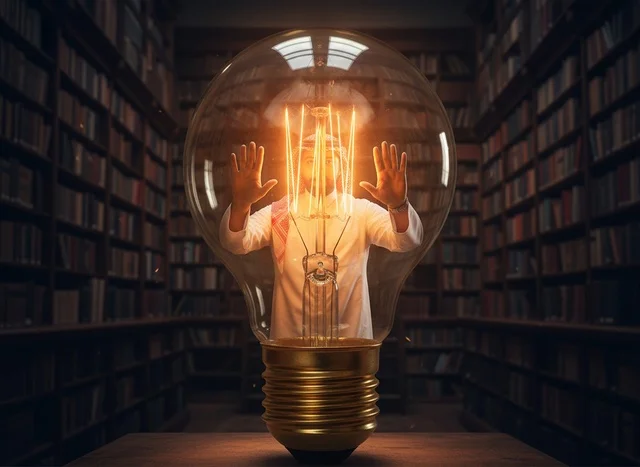 Saudi Man in Library with Large Innovation Light Bulb