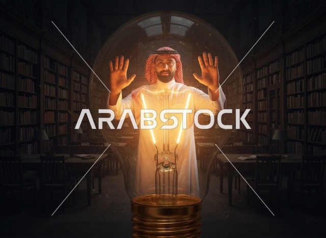 رجل سعودي داخل مصباح كهربائي متوهج في مكتبة