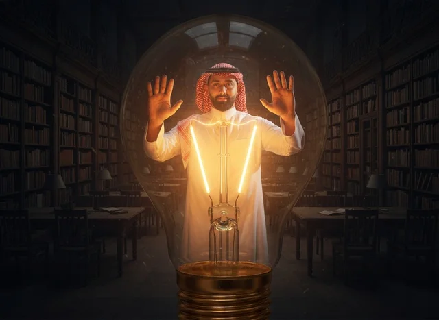 Saudi Man in Glowing Light Bulb in Dark Library