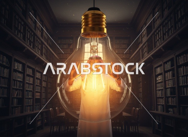 Saudi Man in Library with Glowing Lightbulb Innovation