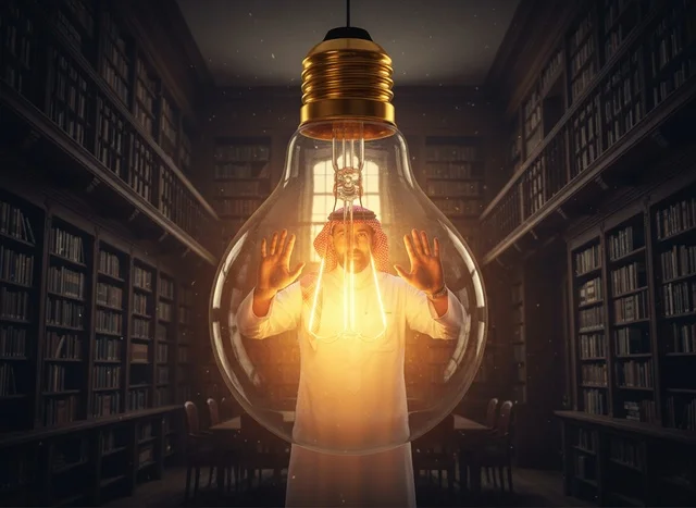 Saudi Man in Library with Glowing Lightbulb Innovation