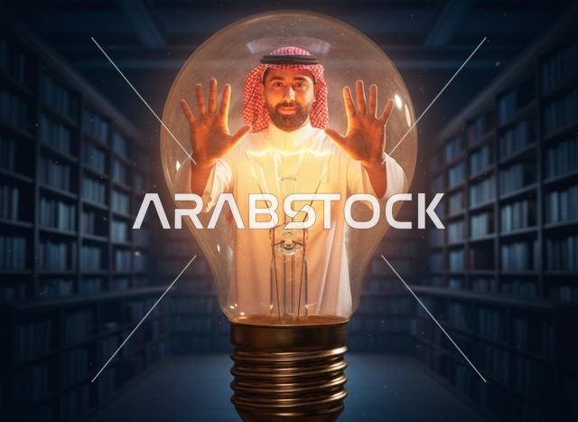 رجل سعودي داخل مصباح متوهج في مكتبة