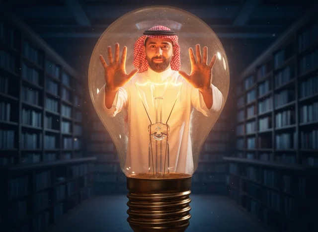 Saudi Man in Glowing Light Bulb Inside Library