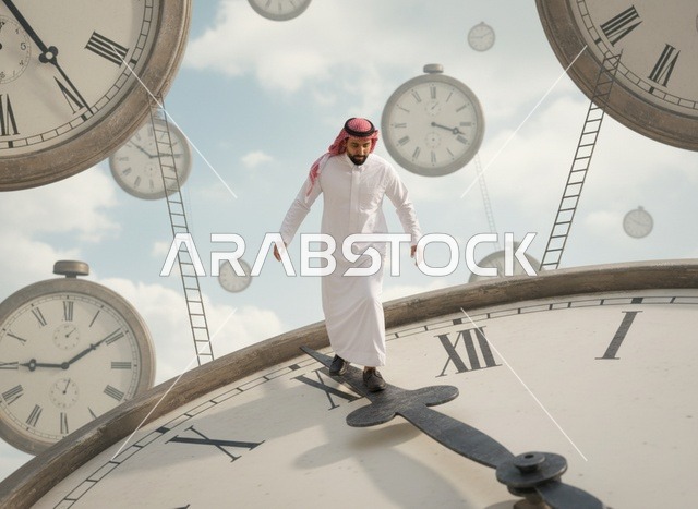 رجل سعودي يتوازن على عقارب ساعة جيب ضخمة لإدارة الوقت