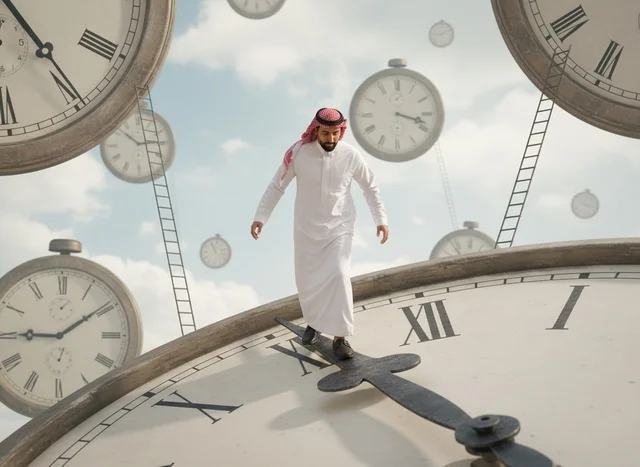 رجل سعودي يتوازن على عقارب ساعة جيب ضخمة لإدارة الوقت