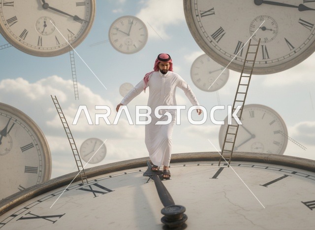 رجل سعودي على ساعة عملاقة مفهوم إدارة الوقت