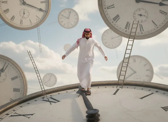 رجل سعودي على ساعة عملاقة مفهوم إدارة الوقت