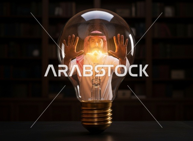 رجل سعودي داخل مصباح كهربائي يعبر عن الابتكار والأفكار