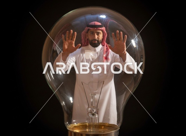 Saudi Man Inside Light Bulb for Innovation Concept