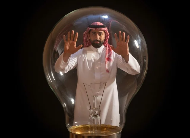 Saudi Man Inside Light Bulb for Innovation Concept