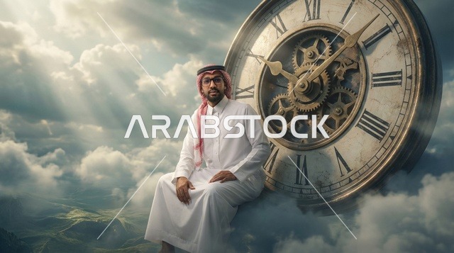 A Saudi man sitting on a giant clock above the clouds.