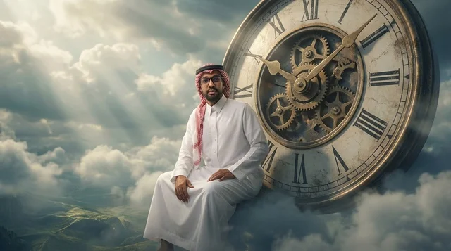 A Saudi man sitting on a giant clock above the clouds.