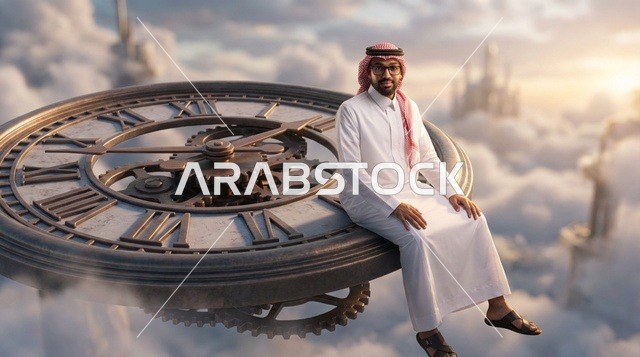 رجل سعودي يجلس على ساعة عملاقة طافية فوق الغيوم