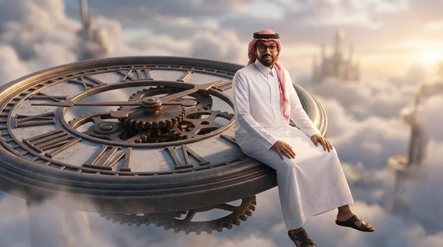 Saudi Man Sitting on Giant Floating Clock Above Clouds