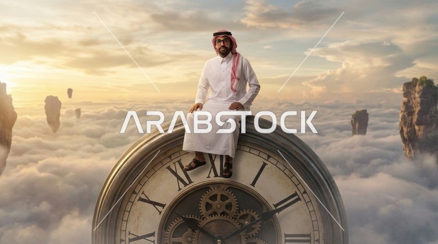 رجل سعودي يجلس على ساعة جيب ضخمة فوق الغيوم