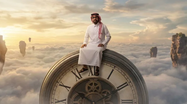 Saudi Man Sitting on Giant Pocket Watch Over Clouds
