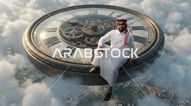 A Saudi man sitting on a giant clock above the clouds.