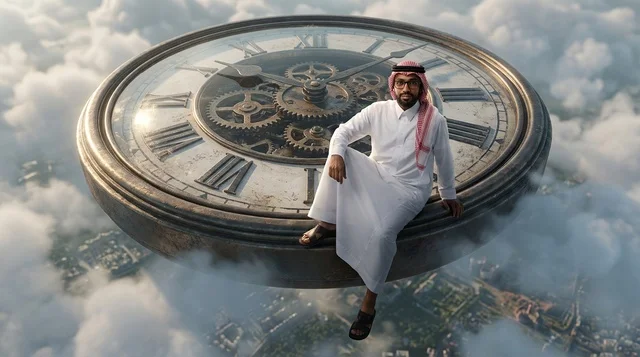 رجل سعودي يجلس على ساعة عملاقة فوق السحاب