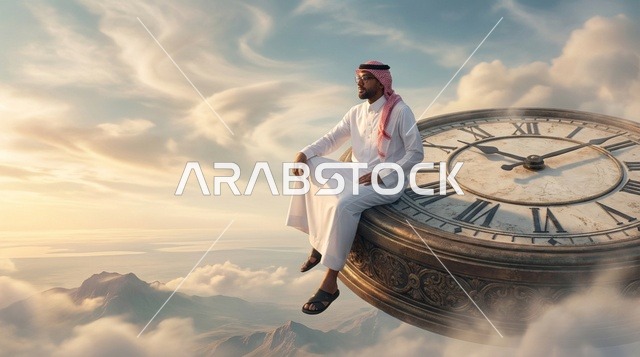 رجل سعودي يجلس على ساعة عملاقة فوق السحاب