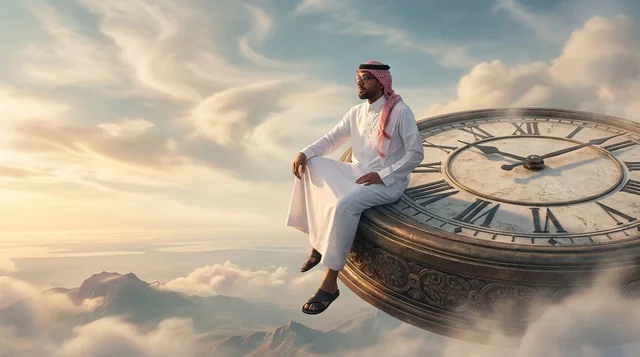 Saudi Man Sitting on Giant Watch Above Clouds